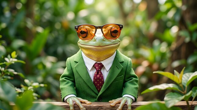Stylish frog in green suit and sunglasses in lush garden