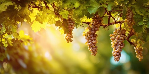Fototapeta premium The Grapes Hanging on a Sunlit Vineyard Vine Ready for Harvest in Summer