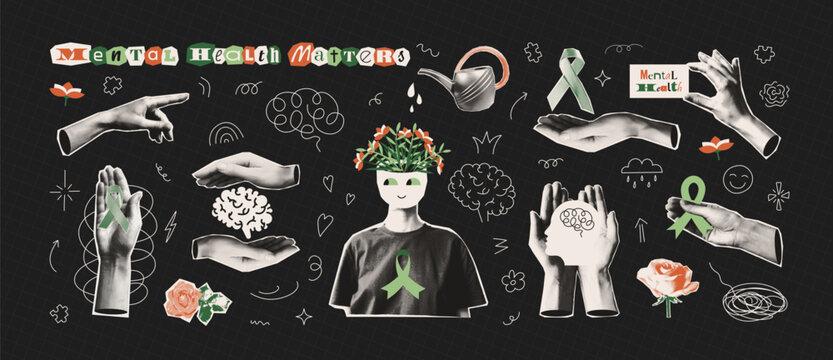 Trendy halftone collage Mental Health Matters elements set. Magazine paper cut out sticker Hands gestures, hold green ribbon, show, save, care, water. Vintage pop art texture, doodles. Retro vector.