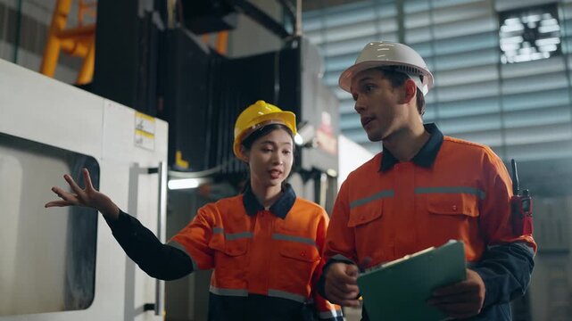 Collaboration in the Factory: Two industry professionals, a man and a woman, discuss and assess operational tasks, immersed in an industrial manufacturing setting. 