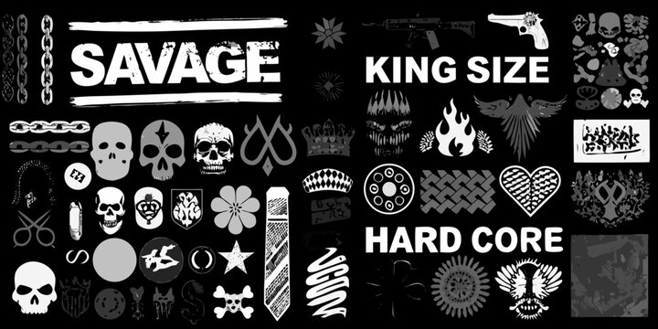 Gritty collection of skulls weapons and text in a stark style silhouette