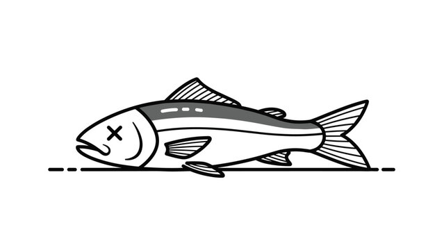 Minimalist black and white line art illustration of a dead fish with cross eyes lying flat on a simple horizontal surface.