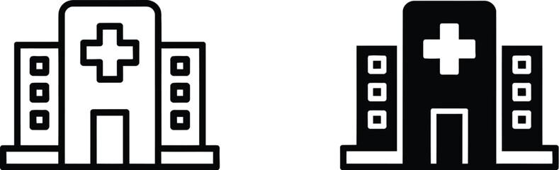 Obraz premium Hospital icon, minimalist medical building illustration with cross symbol line art and solid silhouette design isolated on white background