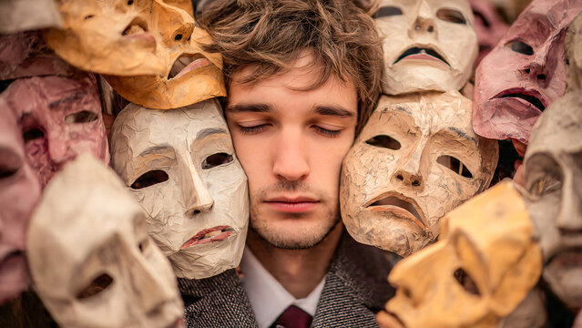 Visage d'un jeune homme fermant les yeux entour&eacute; de masques