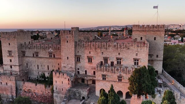 Grand master palace rhodes old town sunset aerial view