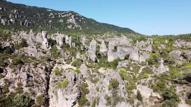 Aerial panorama of the panoramic lookout over the unique rock chaos of Mour&egrave;ze, France