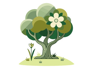 Minimalist Stylized Tree Illustration with Blossom Flower in Flat Design Vector Style © Fery