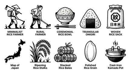Japanese Rice Cultivation and Culture Icon Set: Minimalist Halftone Illustrations of Farmers, Onigiri, Harvest, and Traditional Agriculture Elements © Fery