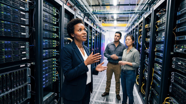 Female it manager briefs technician team walking between server racks in modern data center corridor. Cloud computing infrastructure management and room operations in tech facility