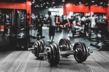 Fototapeta premium Two adjustable dumbbells on a wooden surface with a blurred gym background filled with people and workout equipment.