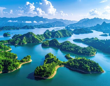 An aerial view showcases a stunning landscape of lush, green islands scattered across a vast, tranquil lake, framed by distant, hazy mountains under a bright blue sky with fluffy white clouds.