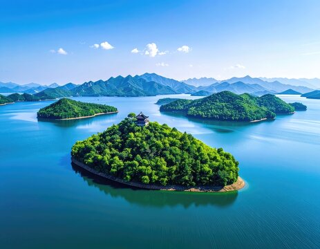 An aerial view showcases a serene lake dotted with lush green islands and rolling mountains under a clear blue sky, creating a picturesque landscape.