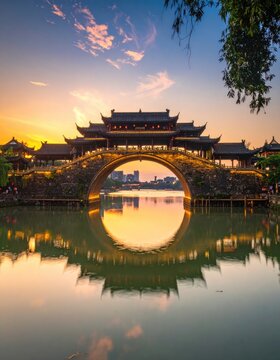 A stunning view of the iconic Moon Bridge in Suzhou, China, reflecting beautifully in the tranquil water at sunset, showcasing traditional Chinese architecture and serene natural beauty.
