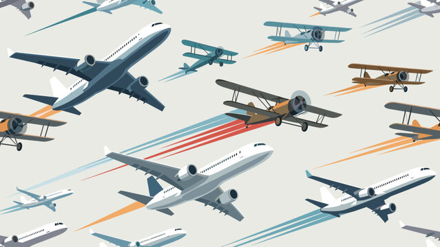 Seamless pattern of various airplanes including modern commercial jets and vintage propeller biplanes flying across a light sky.