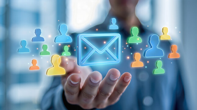Hand holds glowing digital email envelope surrounded by user profile icons. Marketing campaign and mass communication network for audience outreach and subscriber database management