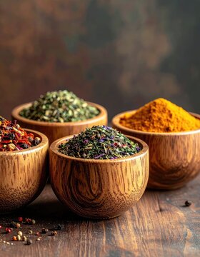 Five wooden bowls filled with vibrant spices and herbs are artfully arranged on a rustic wooden surface, showcasing a colorful and aromatic culinary display.