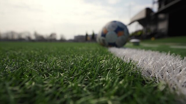 The artificial turf of a football field on which the ball lies and soccer players train before the game. Preparation for a soccer match or daily team training.