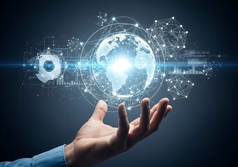 Obraz premium Global Data Network Sphere in Hand Representing Technology and Connectivity