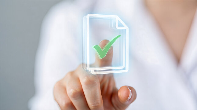 Finger touching virtual document file with checkmark approval sign. Digital verification validation and compliance workflow. Business technology paperwork confirmation and certified agreement