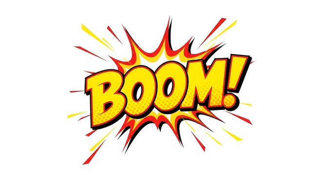 Vibrant comic book style boom explosion with dynamic colors and bold text