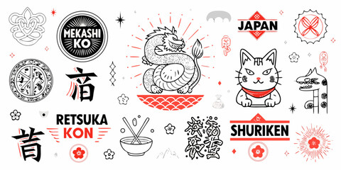 Japanese themed doodle set featuring a dragon and cat silhouette © NaderAli