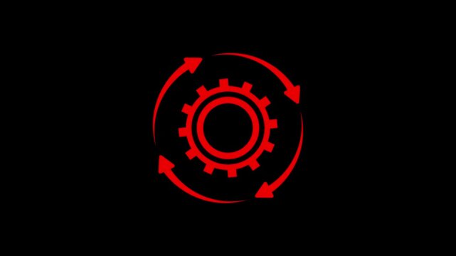Gear rotation animation with arrows on black background. Process automation animation. red linear cogwheel, process optimization icon, workflow cycle, mechanical settings for UI or tech.