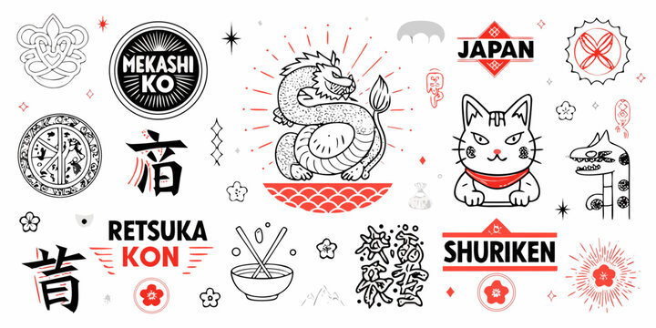 Japanese themed doodle set featuring a dragon and cat silhouette