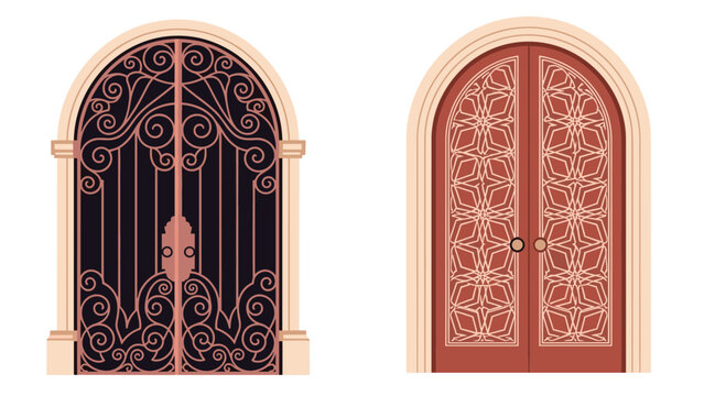 Pair of elegant arched double doors features intricate decorative metal patterns and classic architectural styling.
