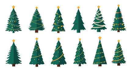 Obraz premium Decorative set of various green Christmas trees with different ornaments and golden stars on a clean white background.