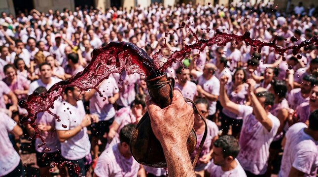 Hand spraying red wine from a leather wineskin over a festive street crowd