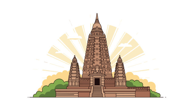 Detailed illustration of the Mahabodhi Temple in Bodh Gaya with a rising sun and clouds in the morning background.