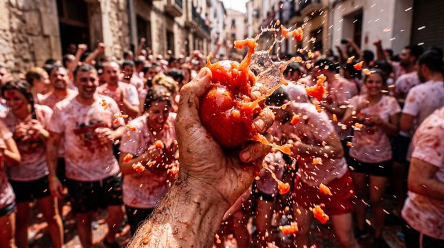 Hand crushing a ripe tomato with splashing juice during La Tomatina festival.