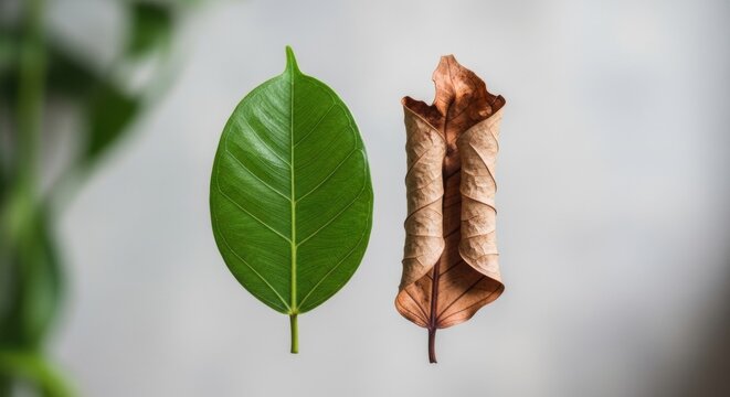 Fresh green leaf and dry brown leaf side by side. Concept of life cycle, transformation, nature aging, and seasonal change. Botanical comparison of growth and decay on light background.