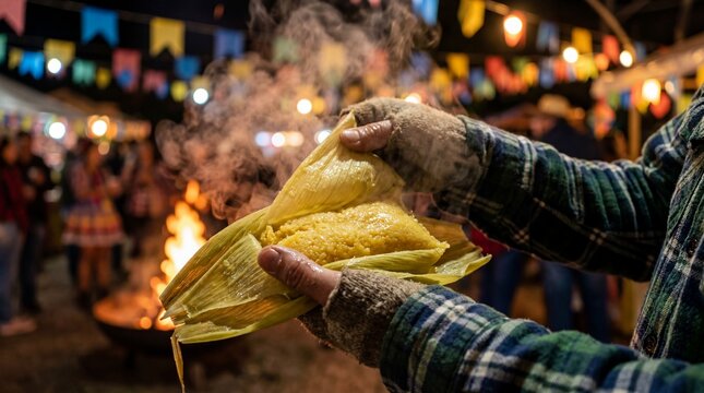 Hands holding a steaming pamonha near a bonfire at a Brazilian Festa Junina.