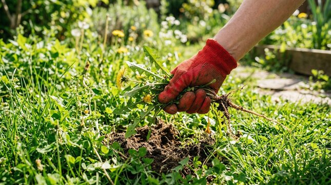 Gardener pulling dandelion weeds from green lawn with red glove