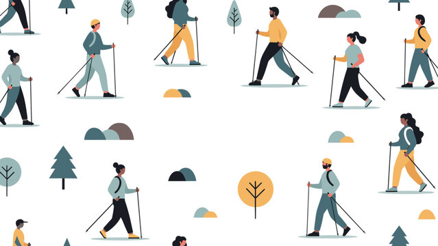 Seamless pattern featuring a group of diverse people practicing nordic walking in a park with pine trees and green hills.