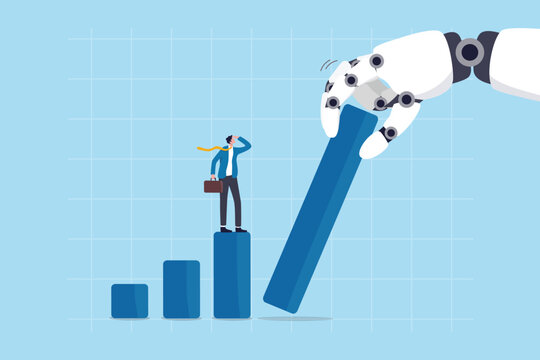 Utilize Artificial Intelligence AI to increase productivity, efficiency or growing business, using tech to make profit, success or increase revenue, businessman on chart and graph with AI hand help.