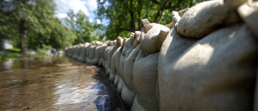 Sandbags protecting from flooding water levels.
