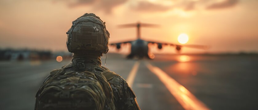 Soldier standing by aircraft at sunset.