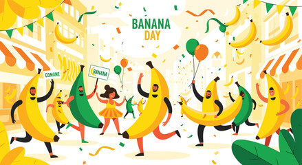 Happy people in banana costumes are celebrating banana day. Event takes place in city with buildings in background and confetti in air, festive banner, balloons, and fruits are present. © SADIKUR