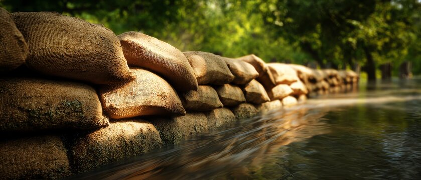 Flood barrier made of sandbags by the water.