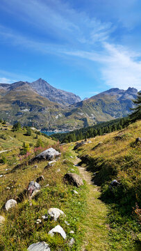Alpine hiking path leading to Lac du Chevril, Savoie, Auvergne-Rhone-Alpes, France, Europe.