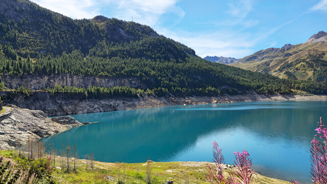 Lake Lac du Chevril in the mountain landscape, French Alps, Tignes, Savoie, France, Europe.