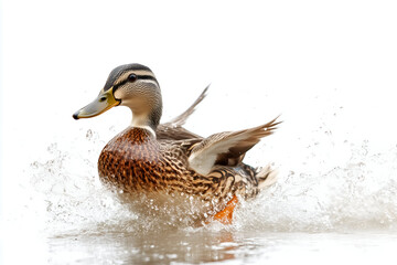 Obraz premium Female mallard duck flapping wings with water splash isolated on white