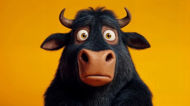 Stylized bull portrait with neutral expression on colorful background capturing modern character design minimal aesthetic and expressive animal concept in studio
