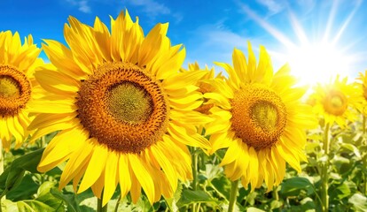 Fototapeta premium Sunflower field with bright sunlight under blue sky