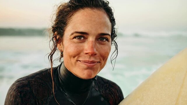 Portrait of surfer woman with board at beach capturing confident expression ocean lifestyle and active outdoor adventure in natural coastal environment with cin