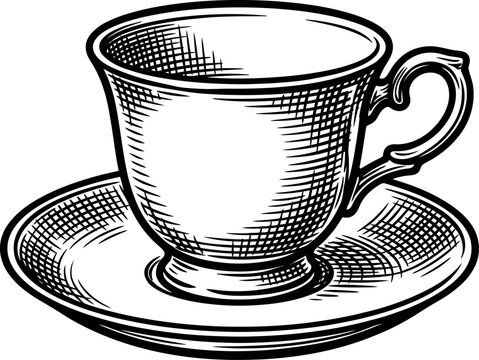 A detailed illustration in an etched style of a vintage teacup and saucer. This classic china vessel is perfect for hot beverages like tea or coffee, representing traditional kitchenware and dishware.