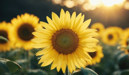 Fototapeta premium Sunflower field under a golden sun and warm light