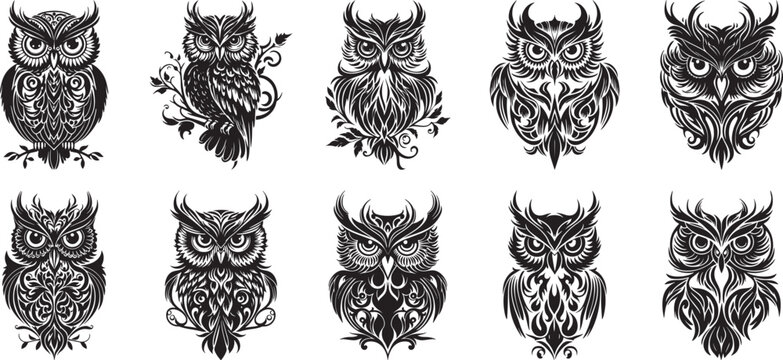 Ten stylized owl bird silhouettes in ornate tribal tattoo style with detailed feather patterns and intense eyes.